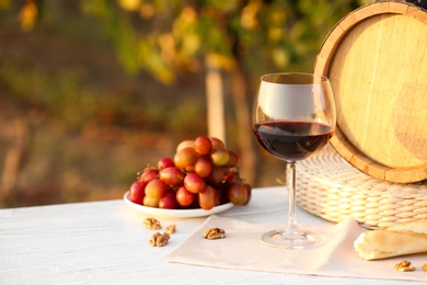 Composition with wine and snacks on white wooden table at vineyard
