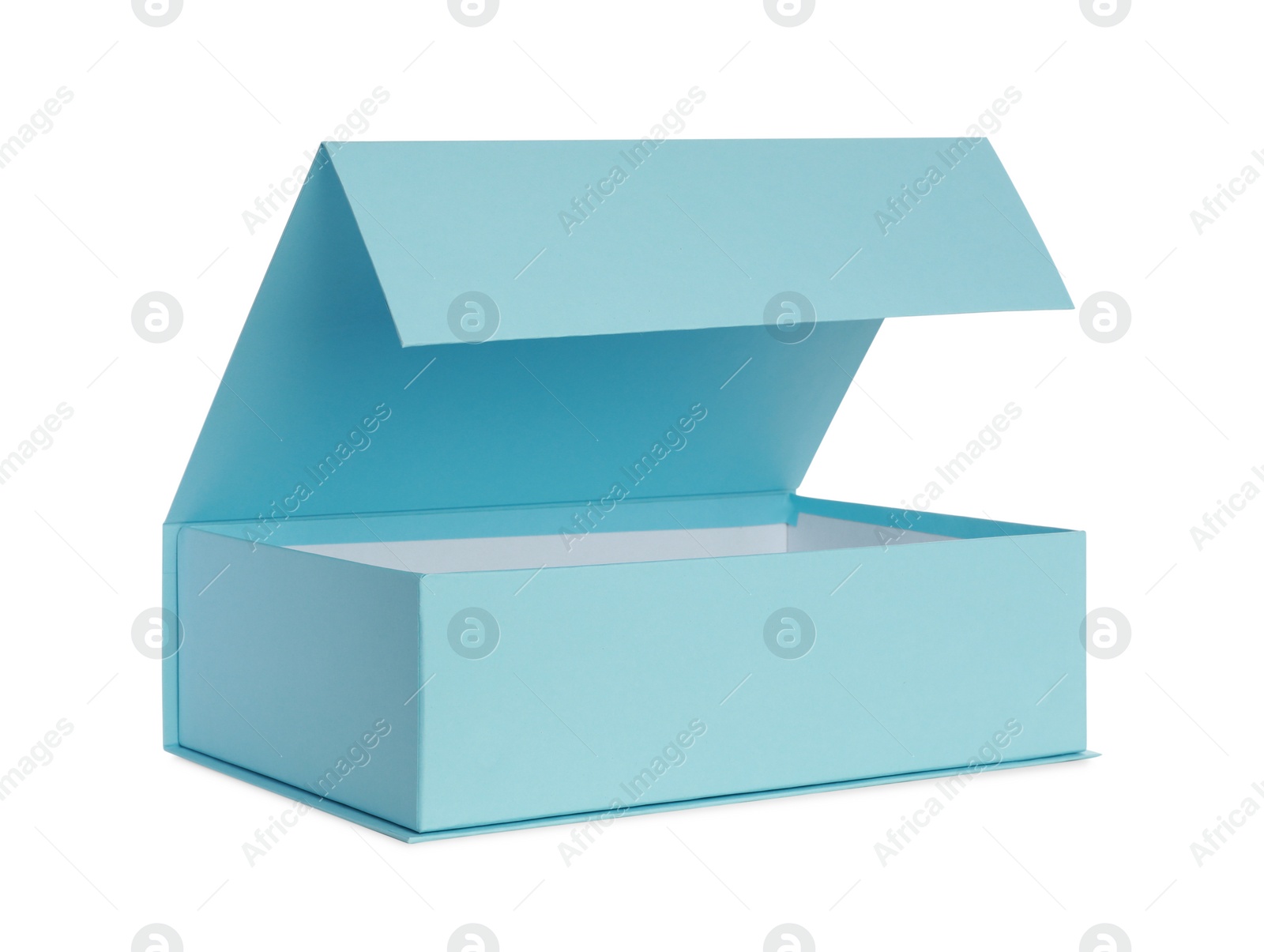 Photo of Open turquoise shoe box isolated on white