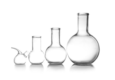 Photo of Empty laboratory glassware on table. Chemical analysis