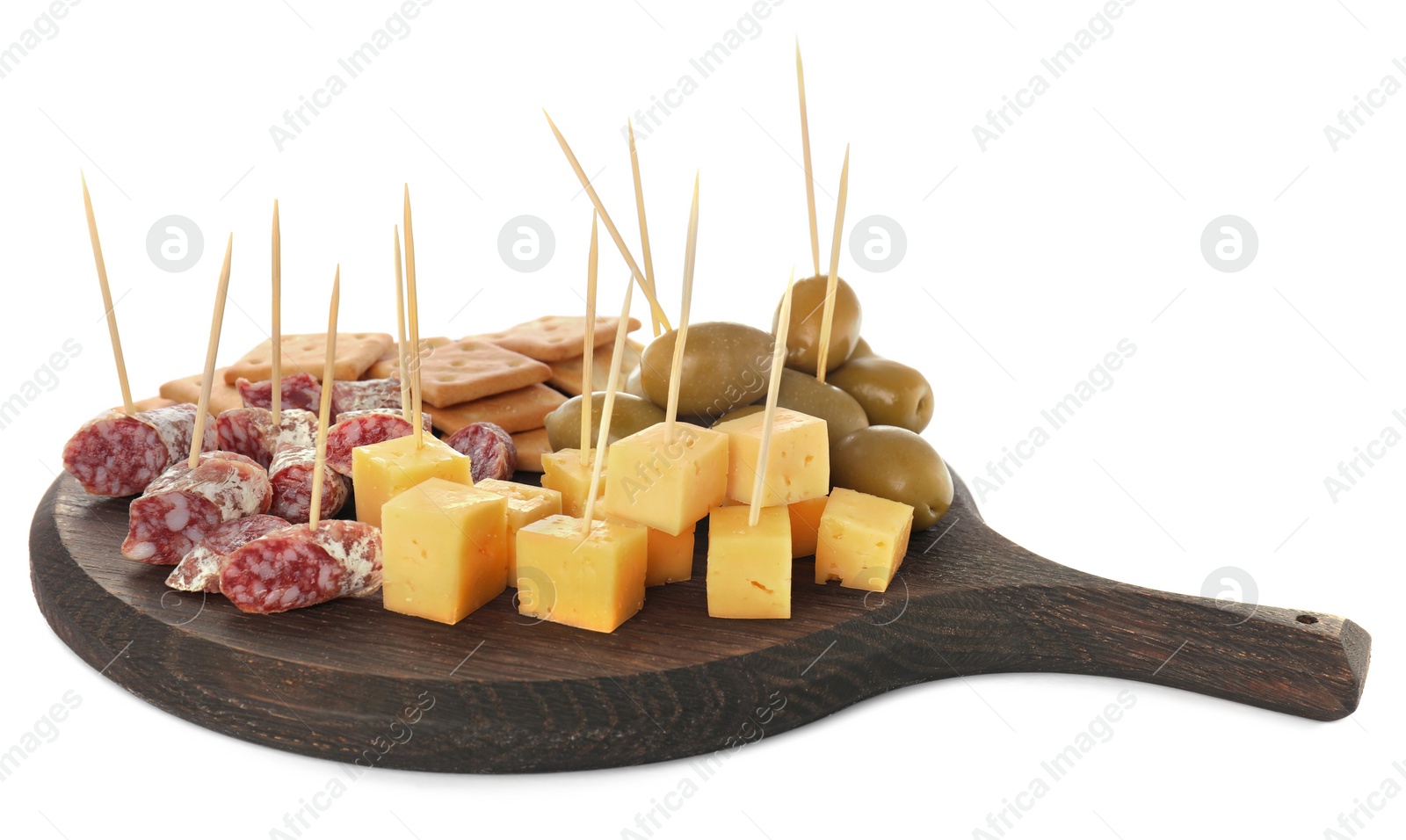 Photo of Toothpick appetizers. Tasty cheese, sausage, crackers and olives on white background