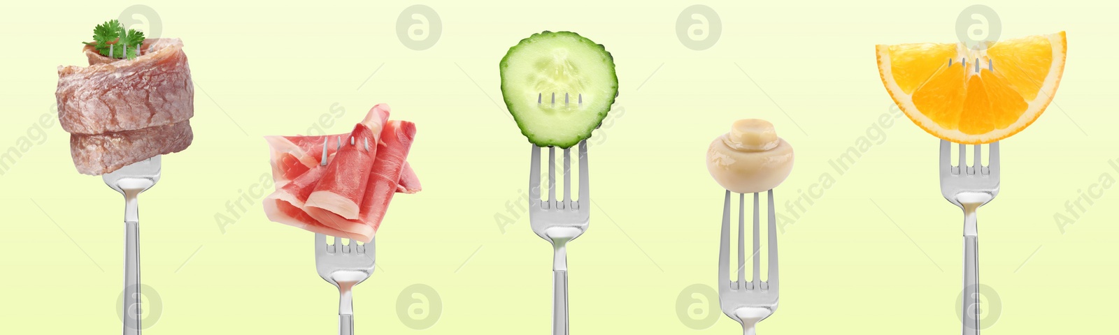 Image of Forks with different food products on color background, collection