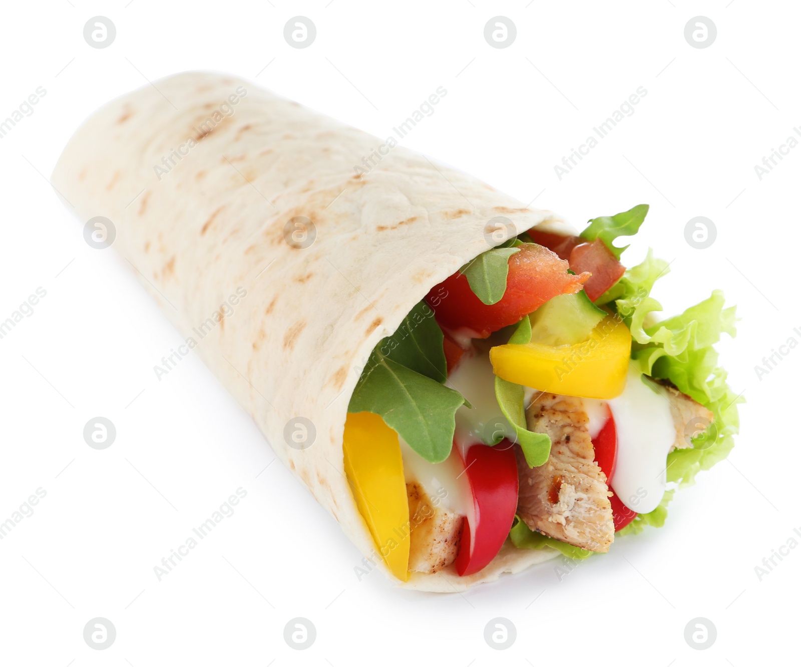 Photo of Delicious meat tortilla wrap isolated on white