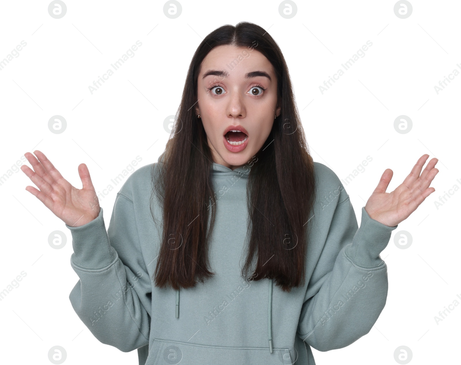 Photo of Portrait of surprised young woman on white background