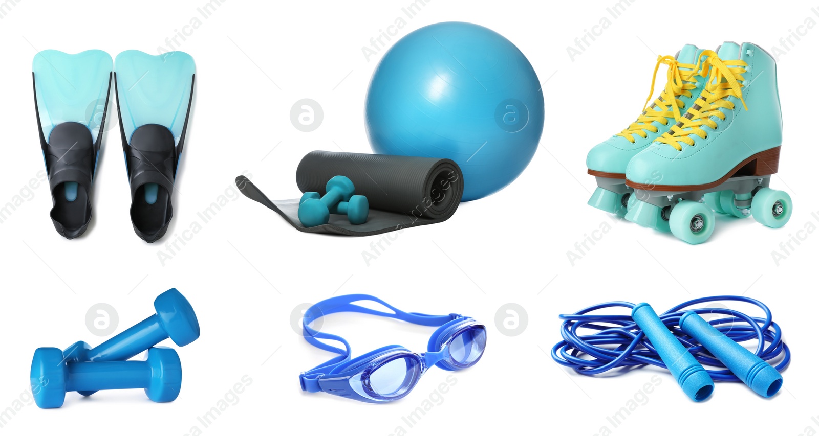 Image of Set of different sport equipment on white background. Banner design