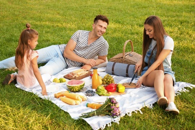 Happy family having picnic in park on sunny summer day