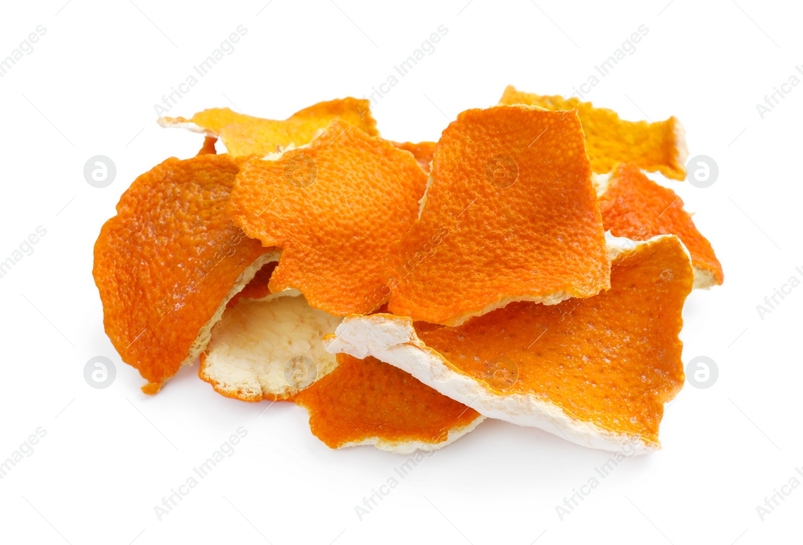 Photo of Dry orange fruit peels on white background