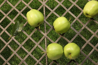 Photo of Fresh green apples on rattan grid, top view