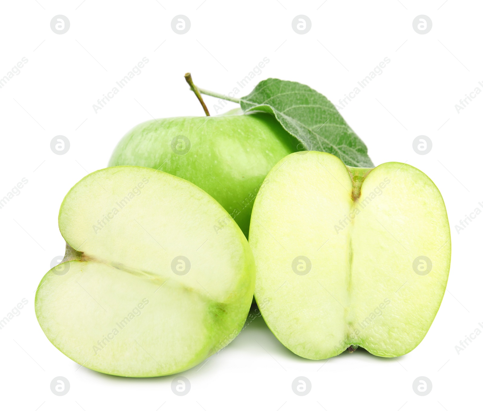 Photo of Fresh ripe green apples with leaf on white background