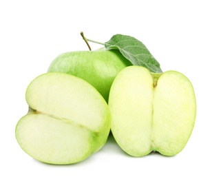 Fresh ripe green apples with leaf on white background