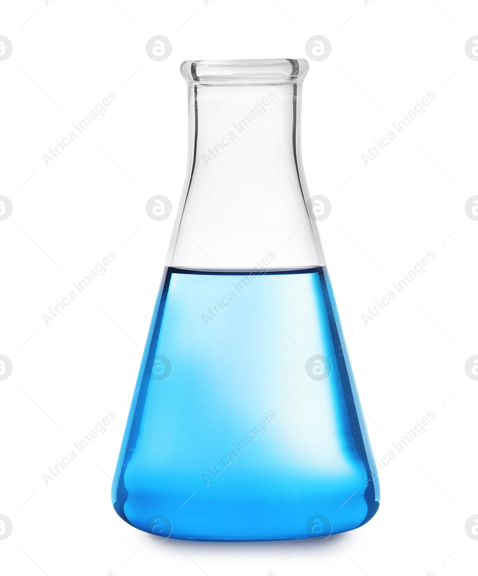 Photo of Glass flask with liquid on white background. Solution chemistry