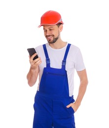 Photo of Professional repairman in uniform with phone on white background