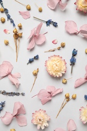 Photo of Flat lay composition with beautiful dried flowers on light background