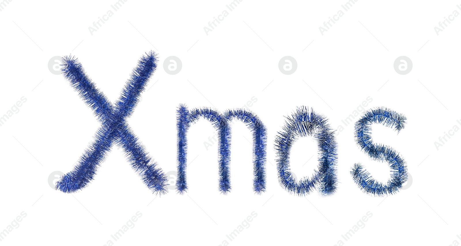 Image of Word Xmas made of shiny blue tinsels on white background