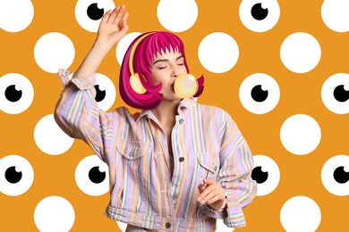 Image of Young woman in drawn colorful wig with headphones dancing on orange spotted background. Bright creative collage design