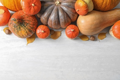 Photo of Different pumpkins on light background, flat lay composition with space for text. Autumn holidays