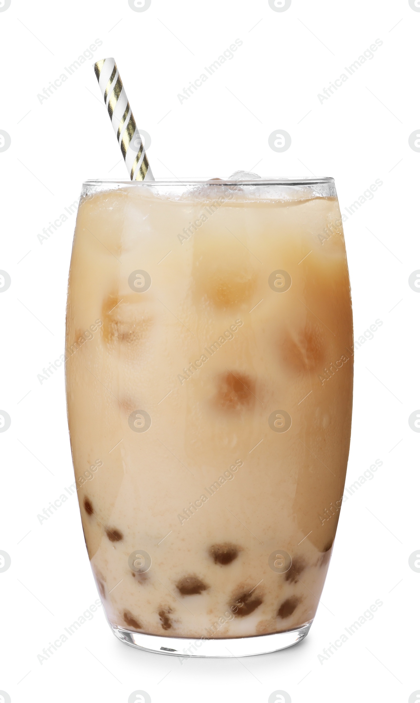 Photo of Tasty brown milk bubble tea isolated on white