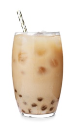 Photo of Tasty brown milk bubble tea isolated on white