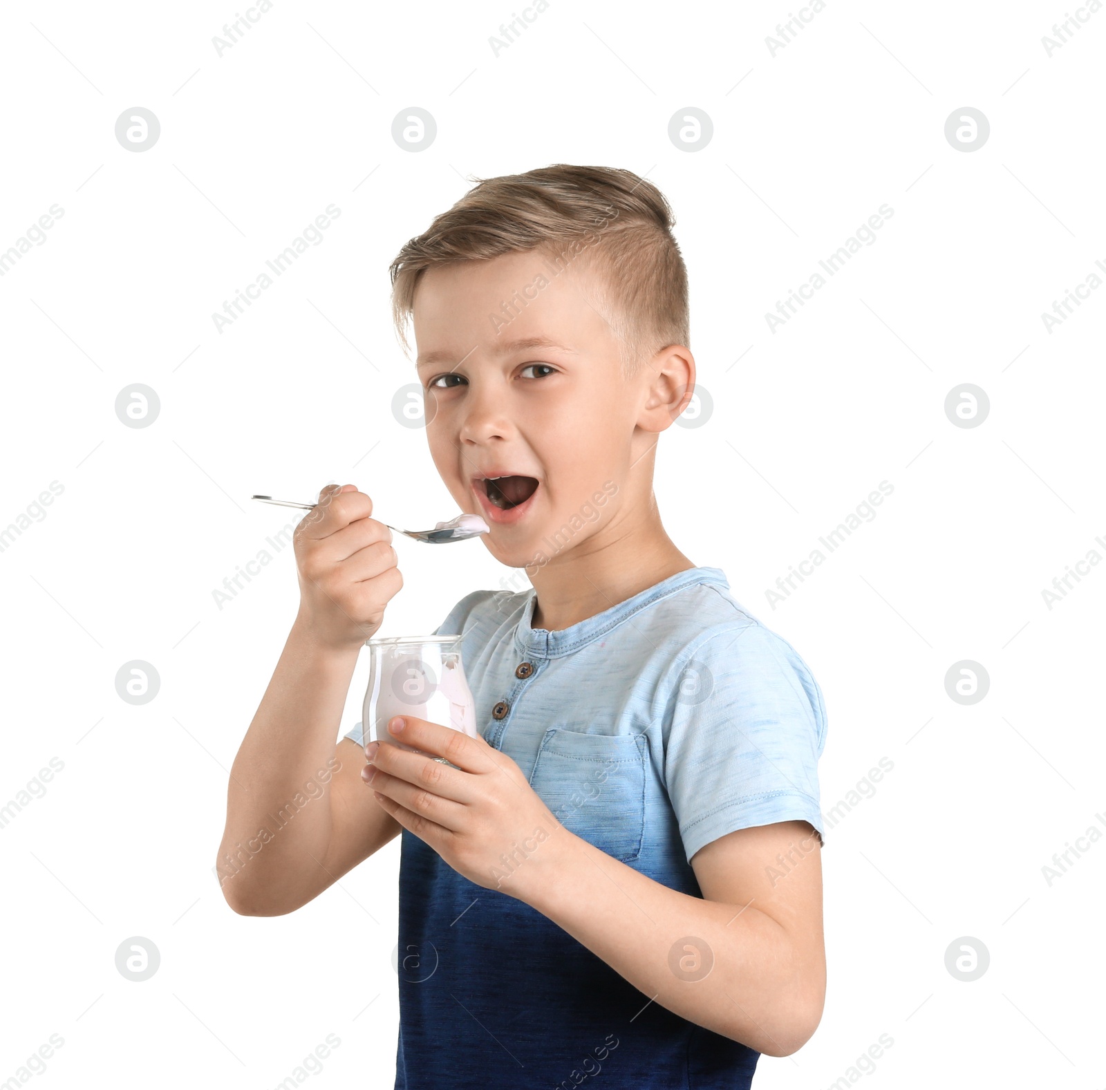 Photo of Little boy with yogurt on white background