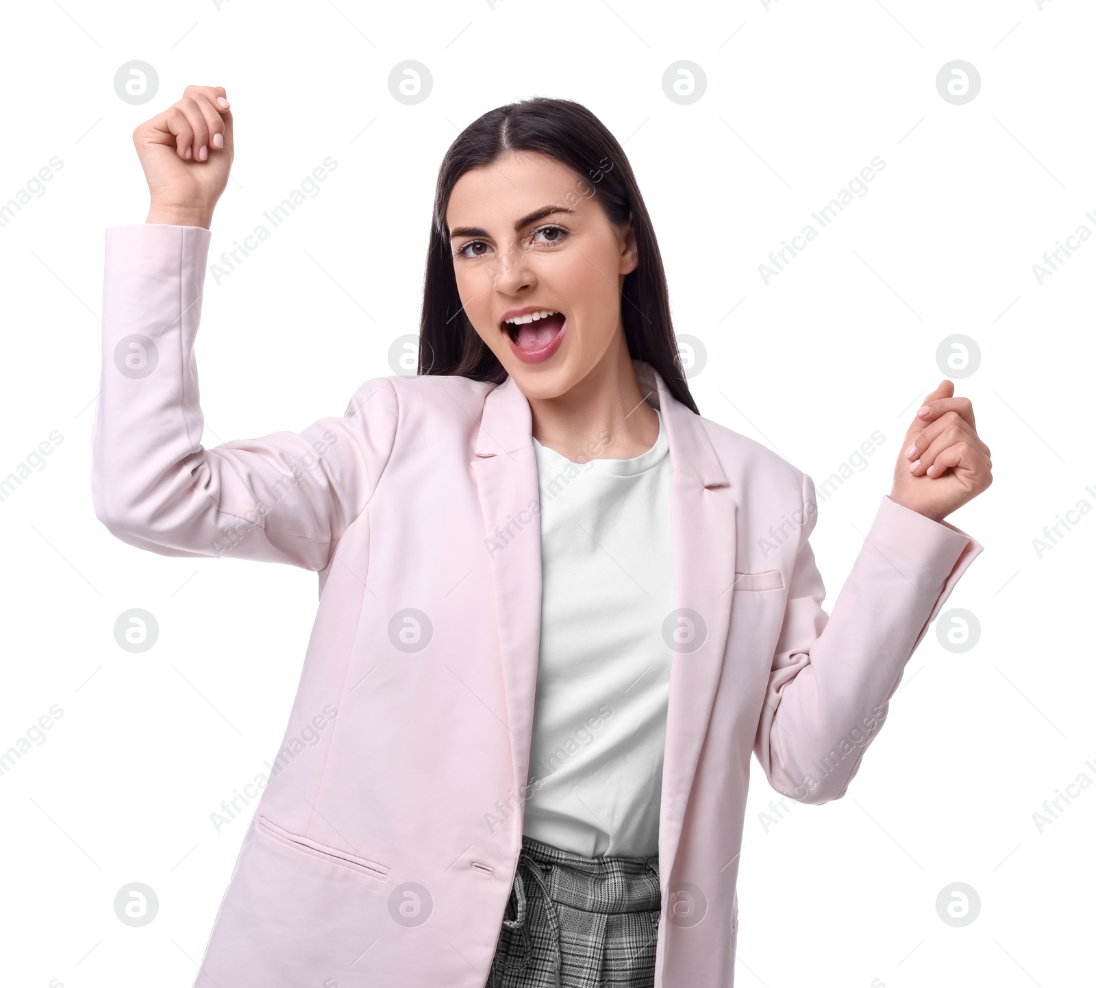 Photo of Beautiful emotional businesswoman posing on white background