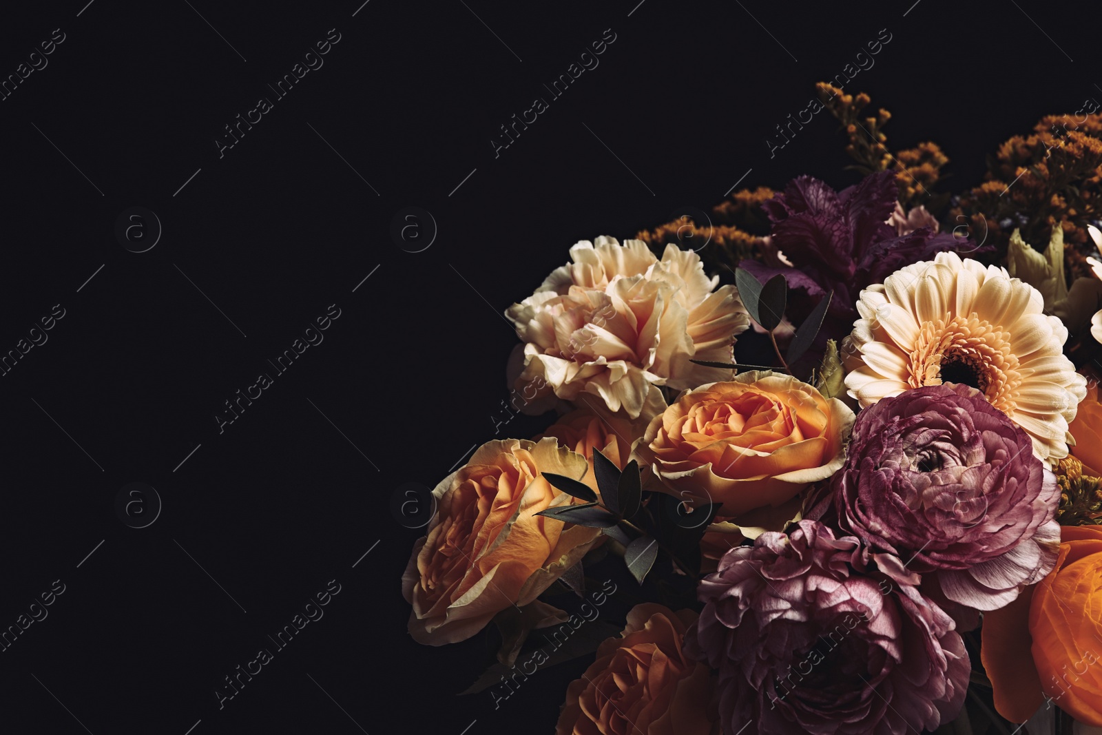 Photo of Beautiful bouquet of different flowers on black background, space for text. Floral card design with dark vintage effect