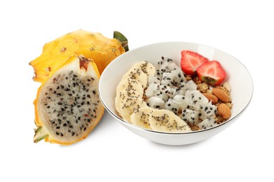Photo of Bowl of granola with pitahaya, banana and strawberry on white background
