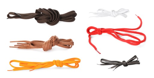 Image of Set with different shoe laces on white background. Banner design