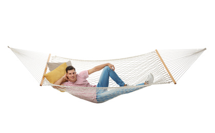 Man resting in hammock on white background