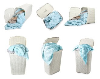 Image of Collage with plastic laundry basket full of clothes on white background, views from different sides