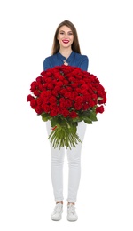 Full length portrait of beautiful woman with bouquet of roses on white background