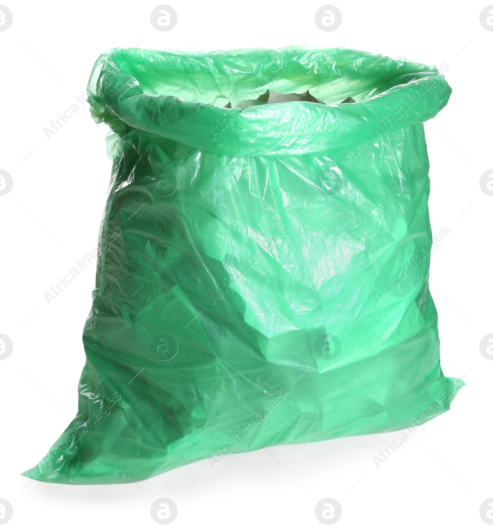 Photo of Green trash bag full of garbage isolated on white