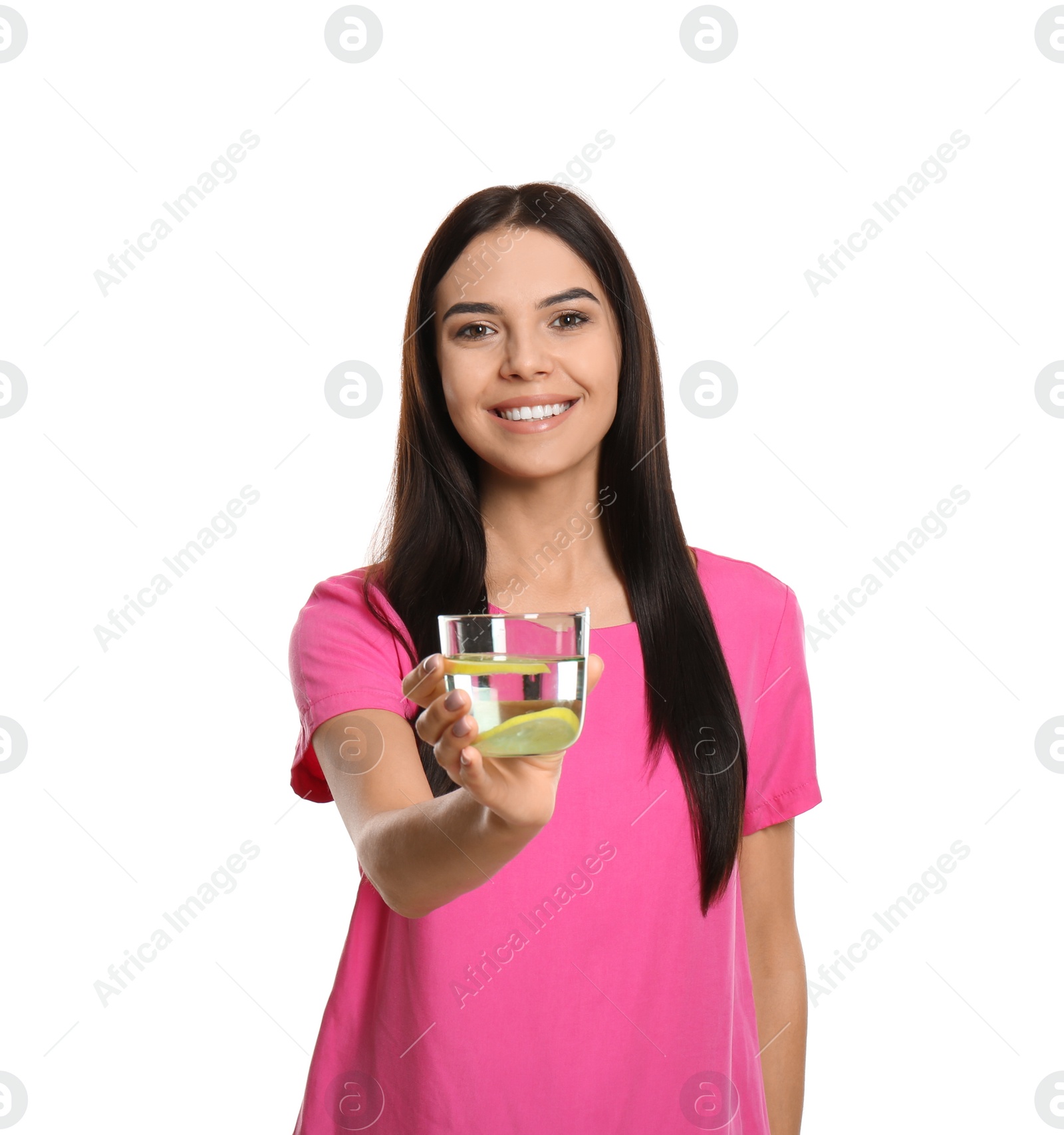 Photo of Beautiful young woman with tasty lemon water on white background