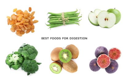 Image of Foods for healthy digestion, collage. Broccoli, apples, green beans, kiwis, raisins and fresh figs on white background