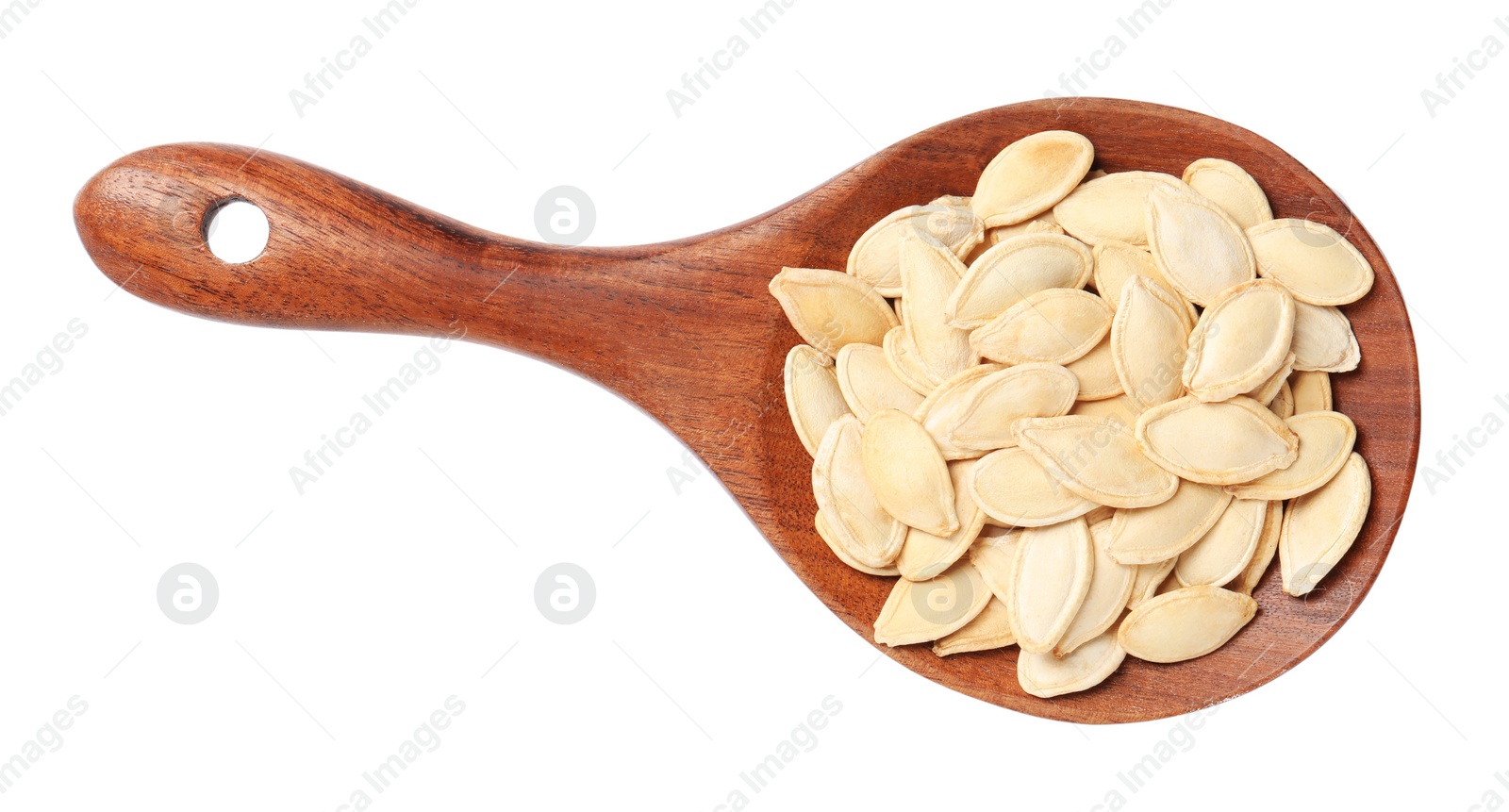 Photo of Wooden spoon with pumpkin seeds isolated on white, top view