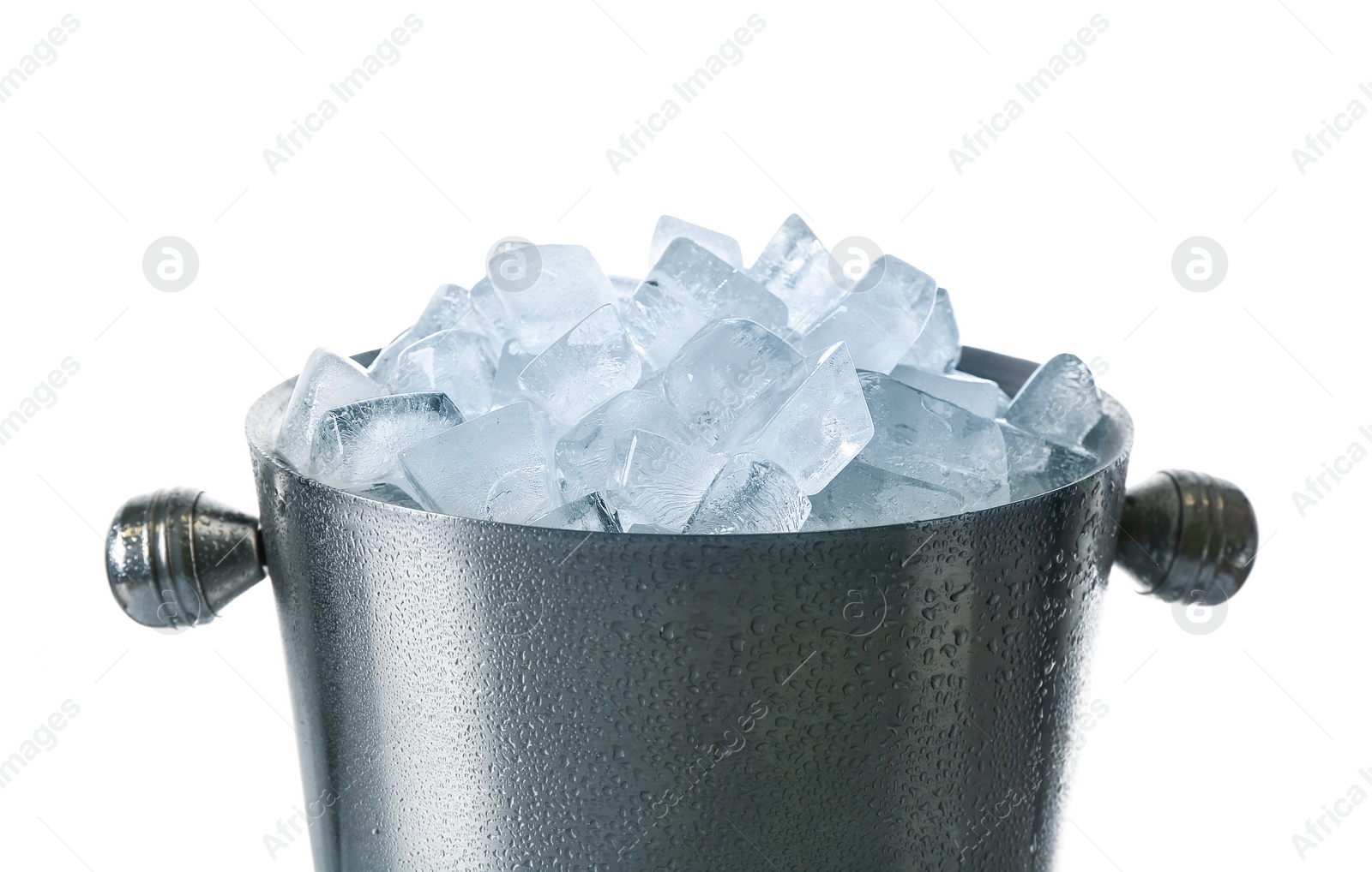 Photo of Ice cubes in bucket isolated on white
