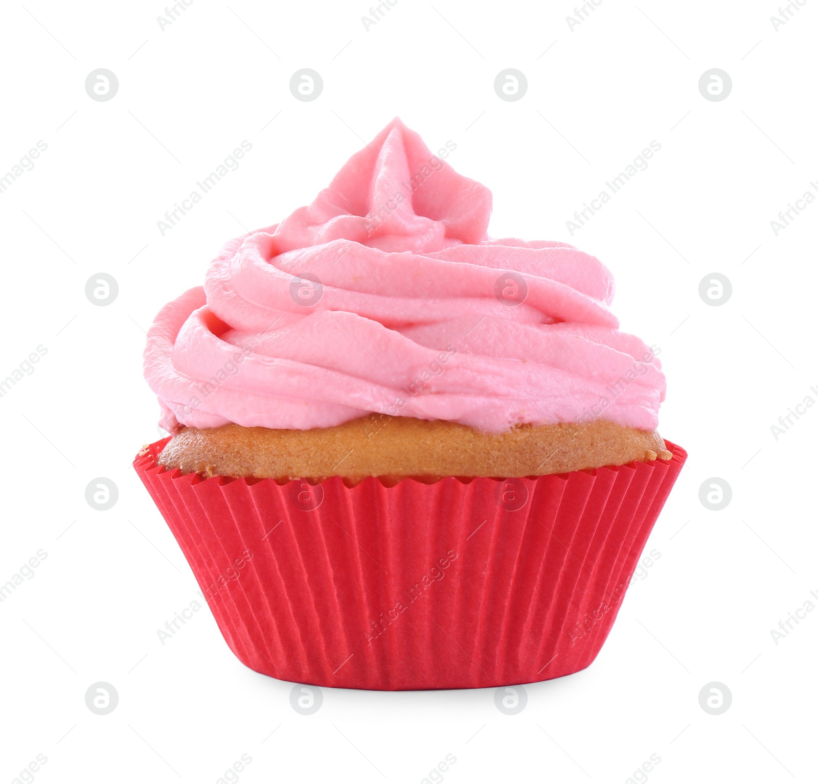 Photo of Delicious cupcake with pink cream isolated on white