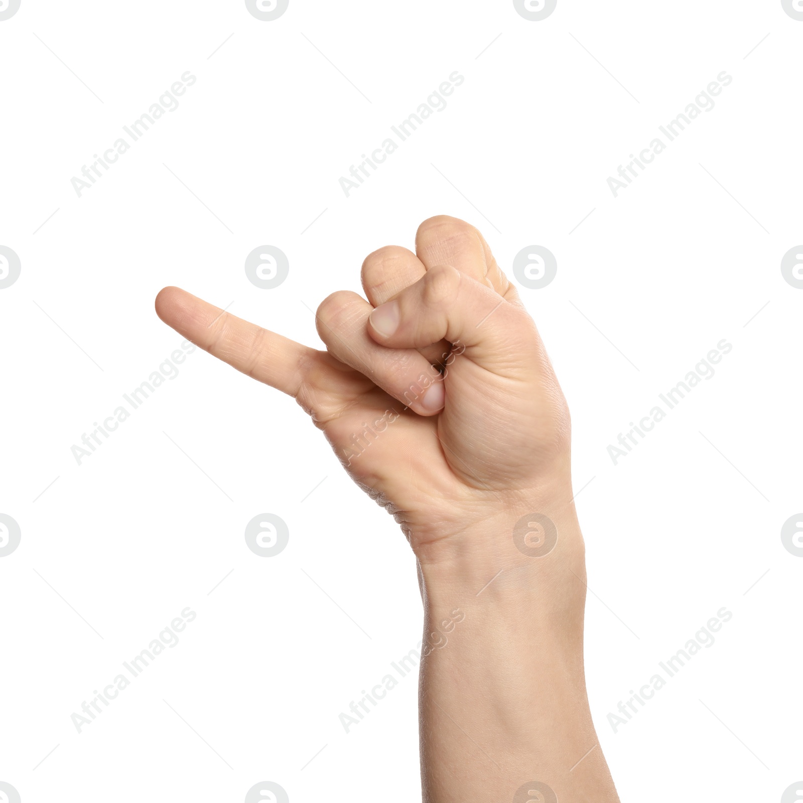 Photo of Man showing J letter on white background, closeup. Sign language