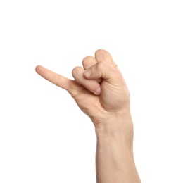Photo of Man showing J letter on white background, closeup. Sign language