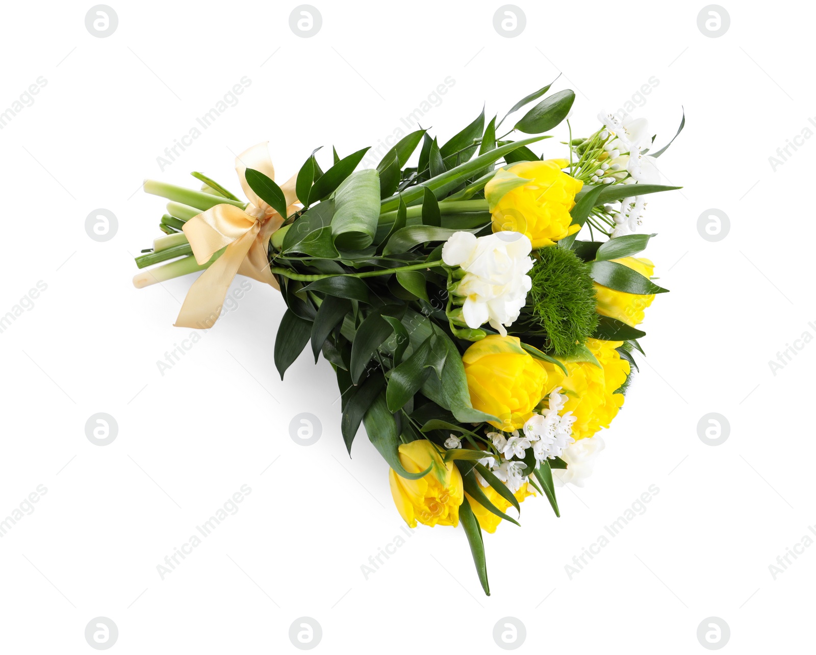 Photo of Beautiful bouquet with peony tulips isolated on white, top view