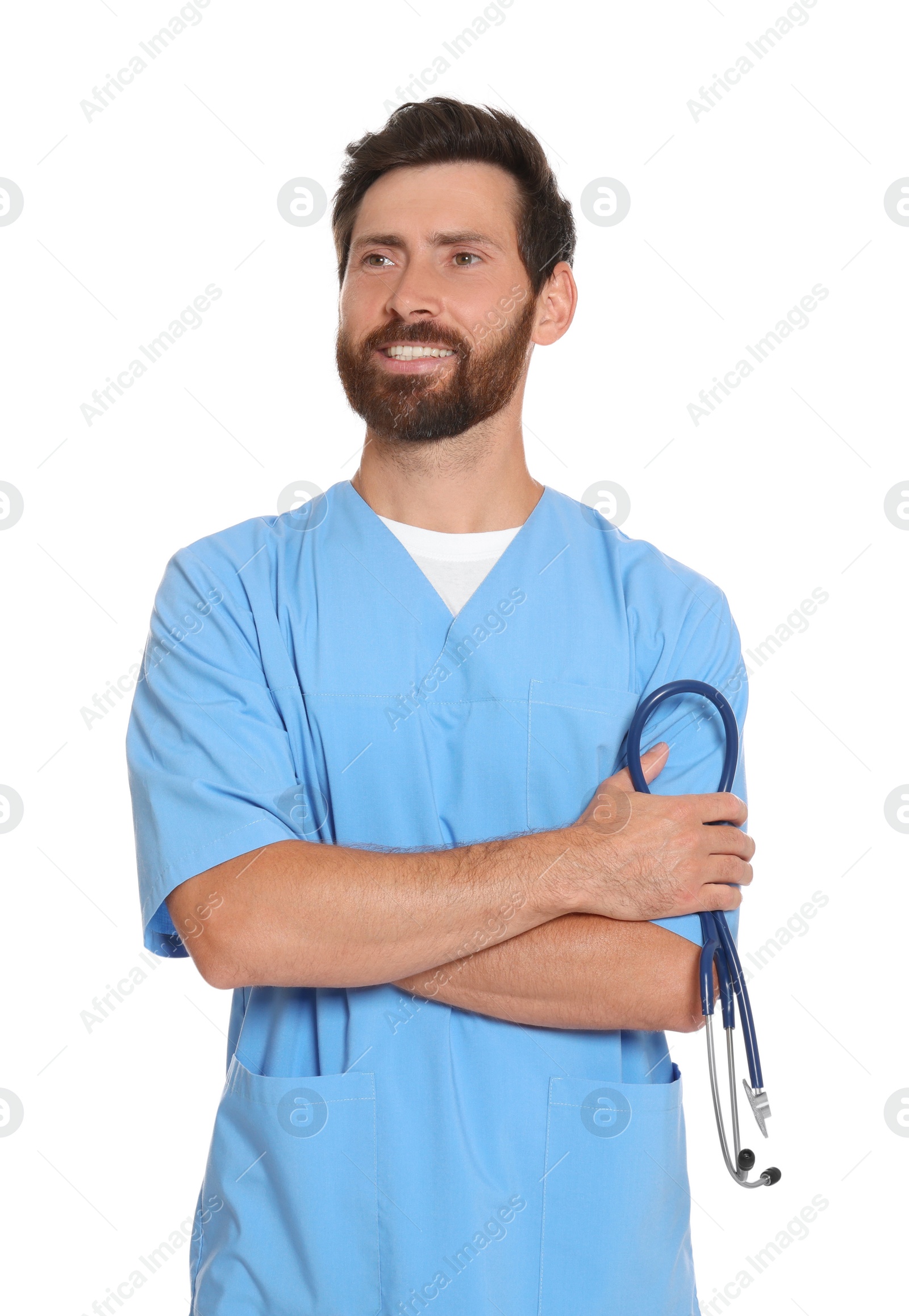 Photo of Portrait of doctor in scrubs with with stethoscope on white background