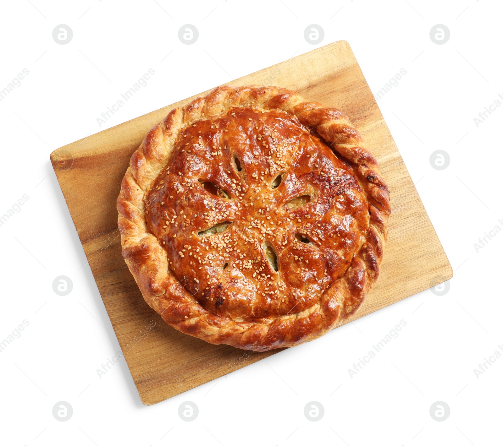 Photo of Tasty homemade pie with filling isolated on white, top view