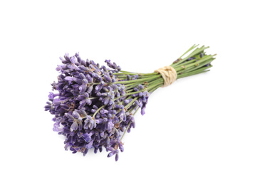 Photo of Beautiful bouquet of lavender flowers on white background