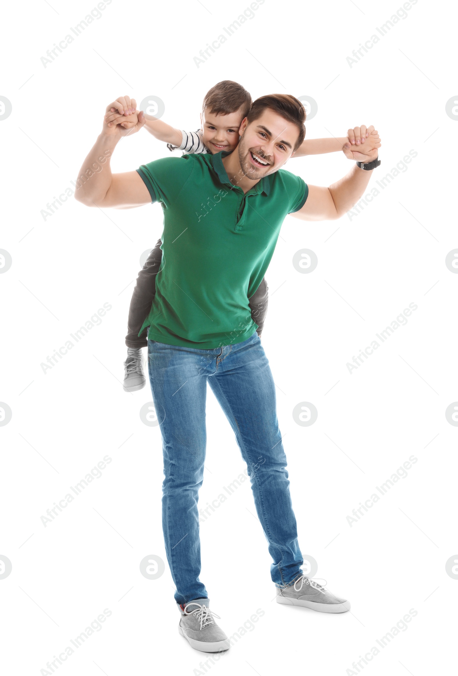 Photo of Portrait of dad playing with his son isolated on white