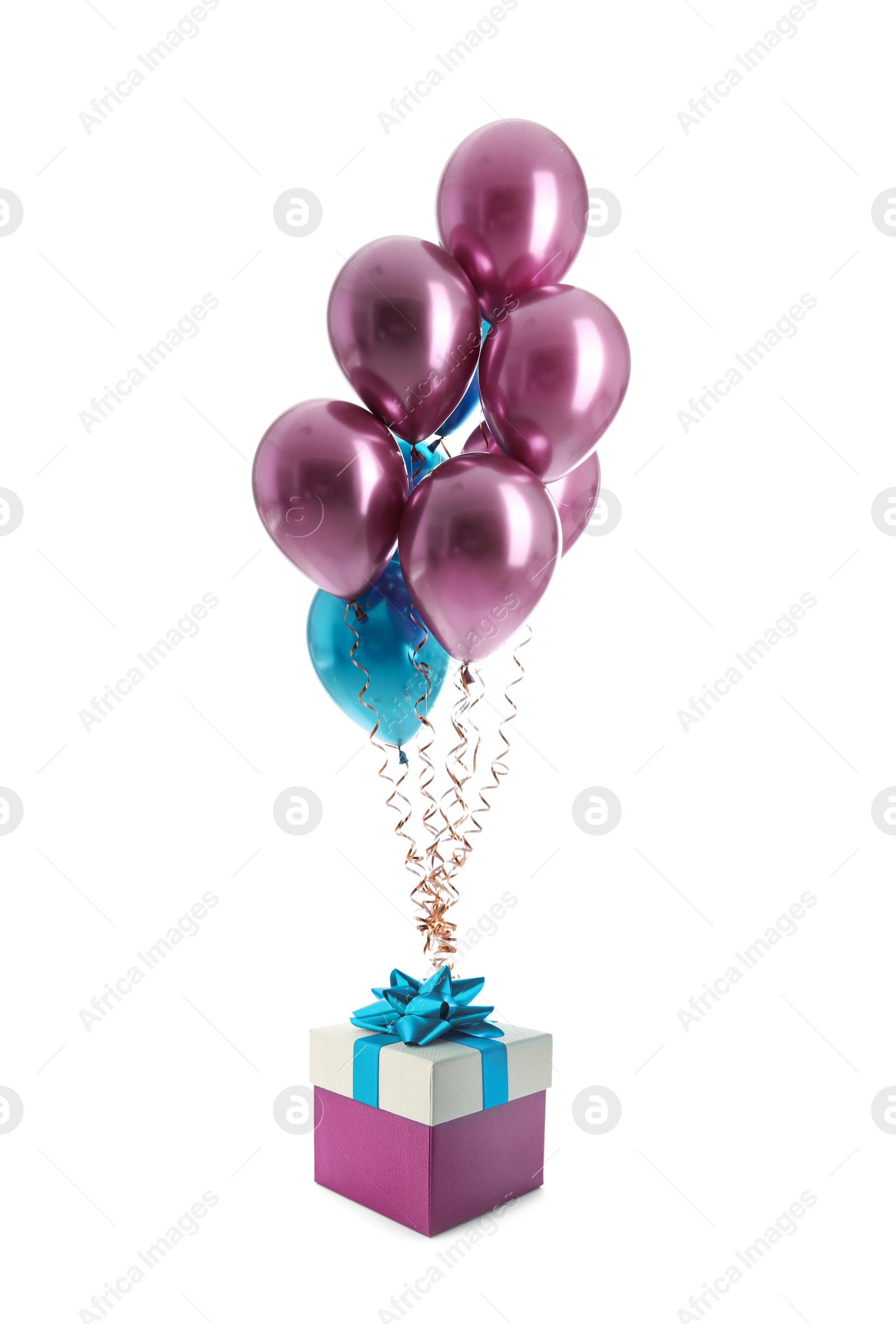 Image of Bunch of color balloons and beautiful gift box with bow on white background