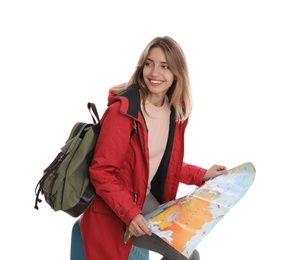 Woman with map and suitcase on white background. Winter travel