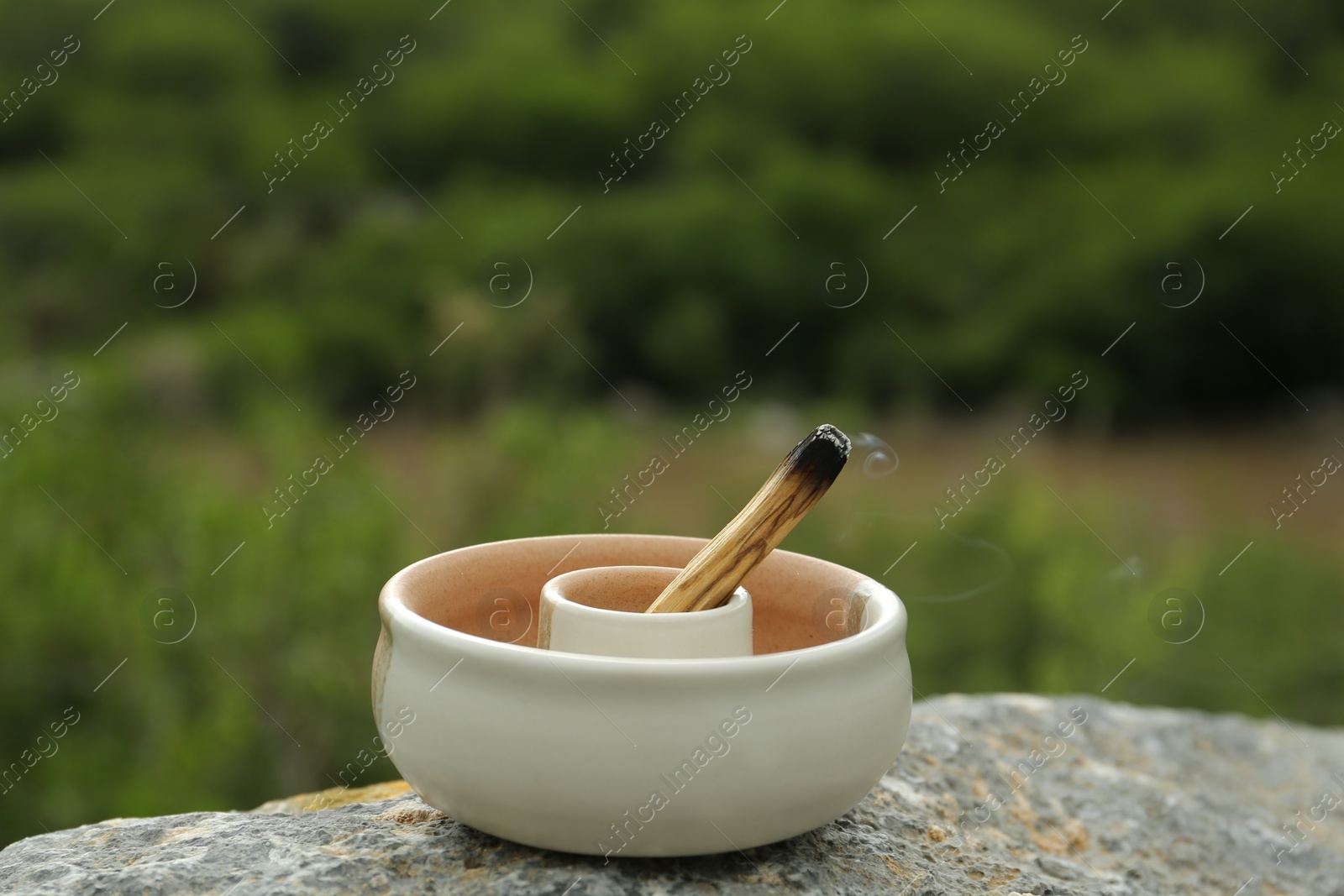 Photo of Burnt palo santo stick on stone surface outdoors, closeup