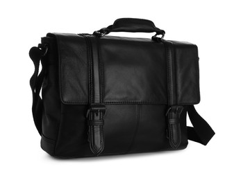 Photo of Stylish black leather briefcase isolated on white