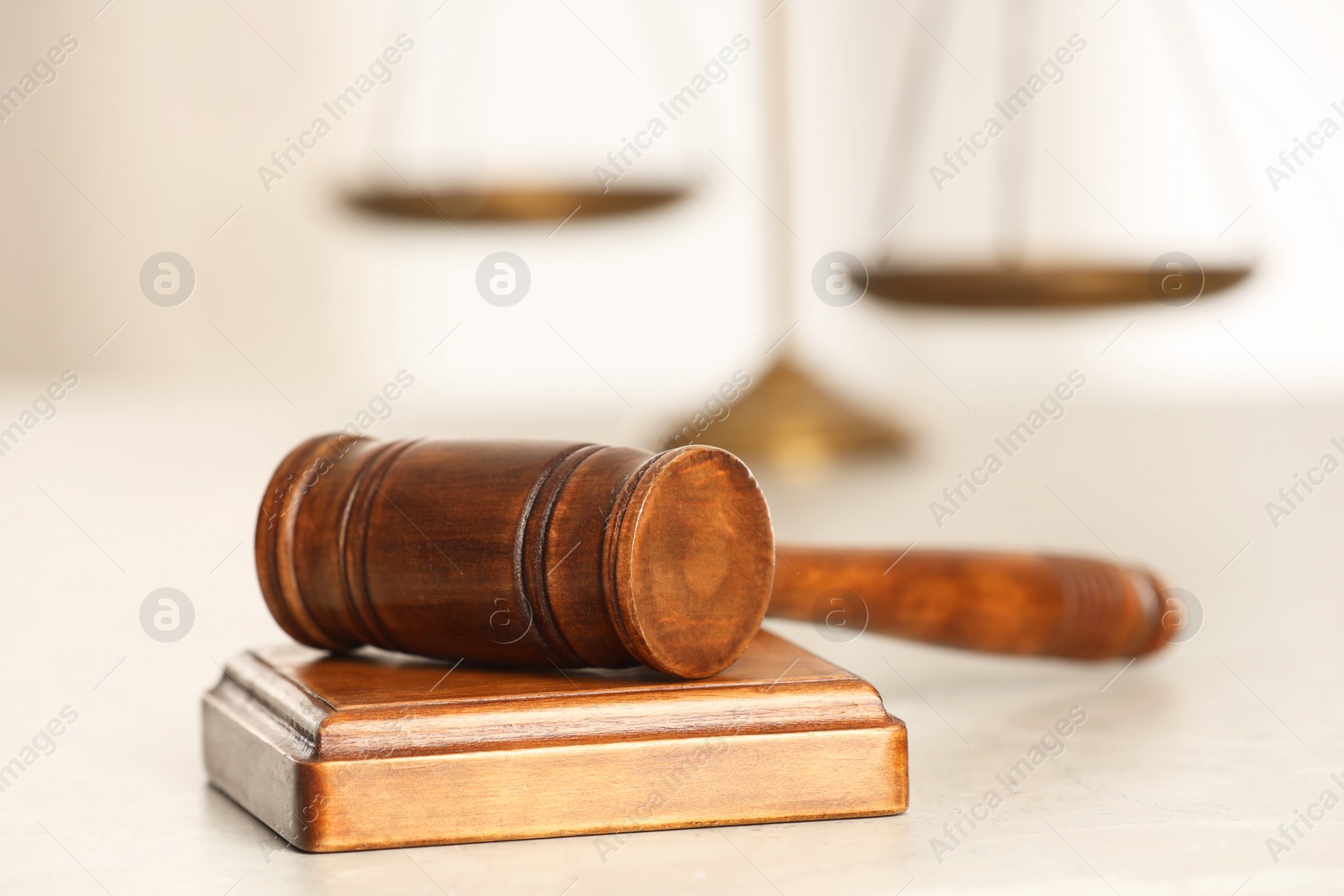 Photo of Law concept. Gavel on white table, closeup