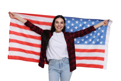 Image of 4th of July - Independence day of America. Happy woman holding national flag of United States on white background