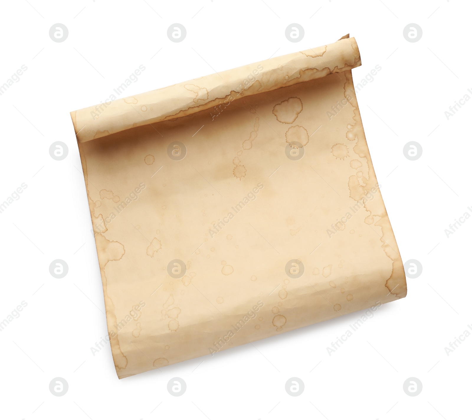 Photo of Sheet of old parchment paper isolated on white, top view. Space for design