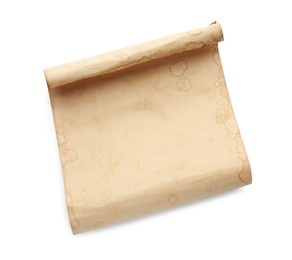 Photo of Sheet of old parchment paper isolated on white, top view. Space for design